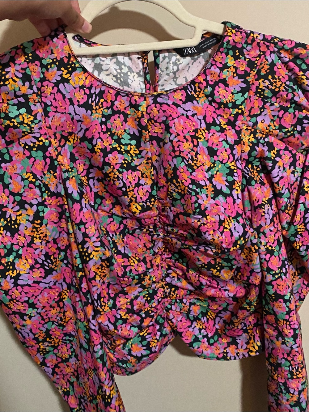 ZARA Black Floral Gathered Front Long-Sleeve Blouse